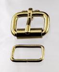 Two 3/4 inch brass plated roller buckles and two belt keepers