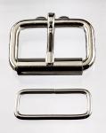 Two 1 1/2 inch nickel plated roller buckles and two belt keepers