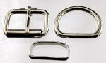 Two 1 1/2 inch nickel plated roller buckles, two deluxe belt keepers, and two D rings