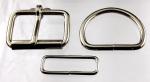 Two two inch nickel plated roller buckles, two belt keepers, and two D rings