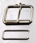 Two 1 3/4 inch nickel plated roller buckles and two belt keepers
